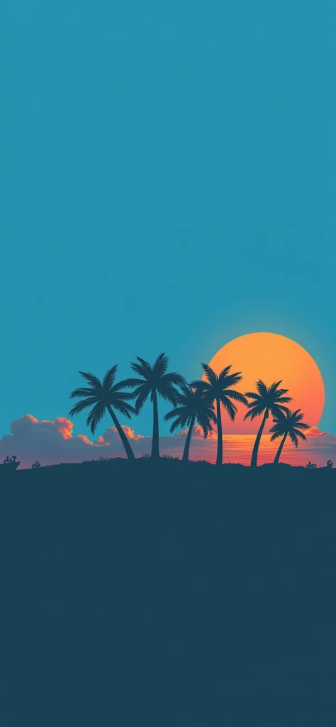 Silhouette illustration of a tropical sunset scene. Several palm trees are depicted in silhouette against a vibrant, reddish-orange sunset sky. The palm trees vary in height and position, creating depth and dynamic composition. The sunset has a smooth grad...