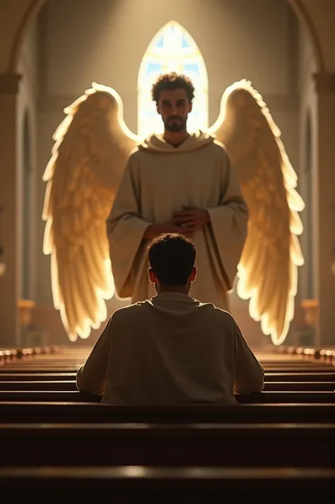 An image of a man sitting in a church with his angel standing dehind him.