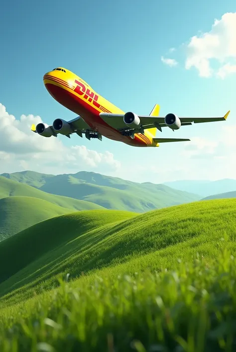 DHL air plane fly on a hill, floor is fully green grass
