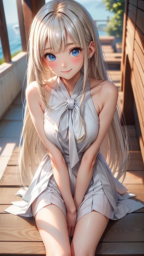 master piece , best quality , (matured female) , (wariza) , hand between legs , shy smile , 白い歯を見せて笑う, full body, Shiny platinum blonde silk super long straight hair, beautiful shiny bangs, big clear sky blue eyes, very beautiful bright eye highlights, Emb...