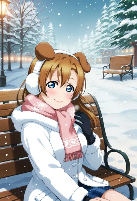 (Masterpiece, Best Quality, High Quality), anime style, love live,kousaka honoka , kousaka honoka,id_honoka_kosaka,love live, blue eyes, brown hair, 8k wallpaper, looking at viewer, (blushing:1.2) , winter, snow, snowing, white landscape, fluffy snowflakes...