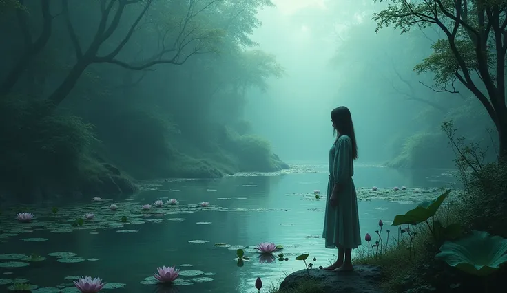 Picture a lotus pond  , with very beautiful lotus flowers under the pond  , around overgrown and gloomy plants , gloomy and ghostly panorama  . on the shore of the pond has the silhouette of a woman in the form of a ghost in a gray tunic , knee-length hair...