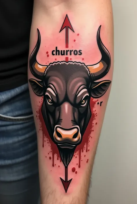 a tattoo of the face of a bad bull with an arrow and that below the bull says "CHURROS" with a single R 