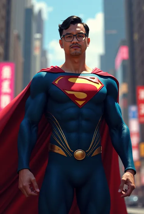 An asia superman with classic superman suit, wearing glasses