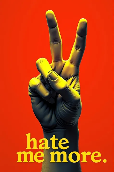  A hand doing the OK sign,  under my hand the phrase  "Hate me more ".
 All red and yellow .