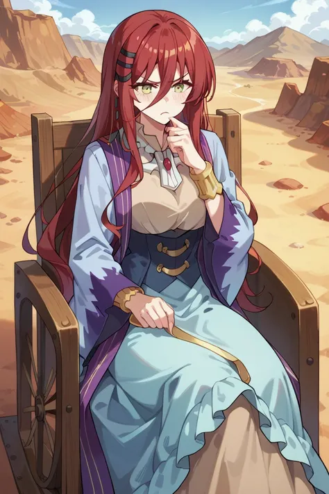 grimm grimoire, grimm grimoire is novel series combatants will be dispatched, cm height cleavage, sexy body, perfect tits, hourglass figure, blush, woman with long red hair sitting on a wooden throne she is wearing a purple and blue dress with a high neckl...