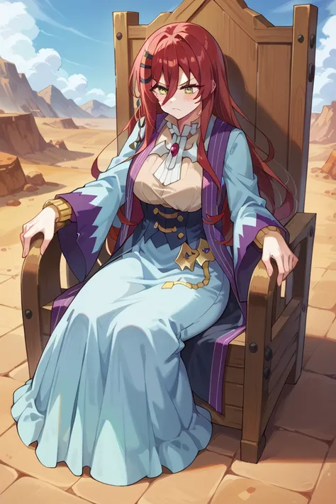 grimm grimoire, grimm grimoire is novel series combatants will be dispatched, cm height cleavage, sexy body, perfect tits, hourglass figure, blush, woman with long red hair sitting on a wooden throne she is wearing a purple and blue dress with a high neckl...