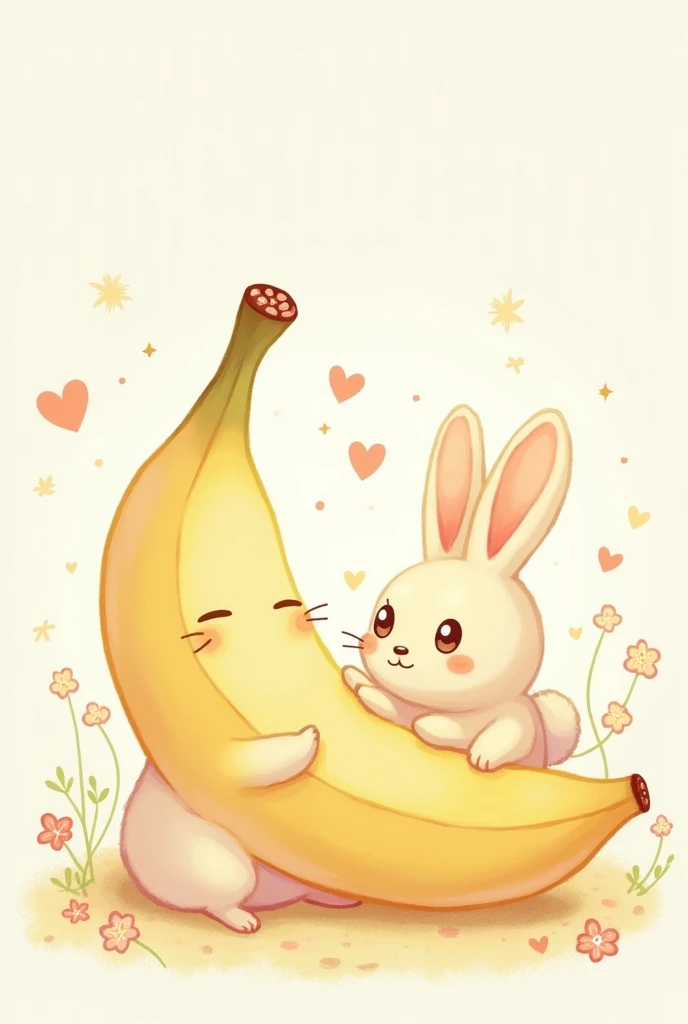  drawing of a cute and adorable bunny,  small , on the side,  a happy and adorable animated banana , May everything be adorable ,  as if it were for ren , That it has hearts around it, That your drawing style is delicate, Yes but more delicate ,  type prin...