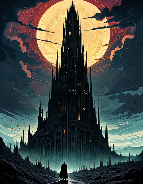 Kilian Eng Style page, Ancient Dark Tower, Towering high in the sky, Darkest Tower. sunlight filtering through clouds, It depicts powerful themes such as "death" "ruin" and "madness", Ligne claire, Bande Dessinée, moody color palette, mysterious atmosphere...