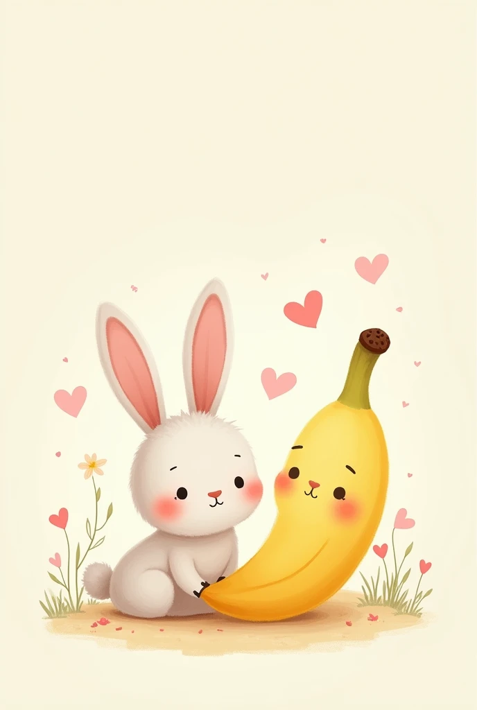  drawing of a cute and adorable bunny,  small , on the side,  a happy and adorable animated banana , May everything be adorable , como and fuera para niños, That it has hearts around it, That your drawing style is delicate, and pero mas delicado,  type pri...