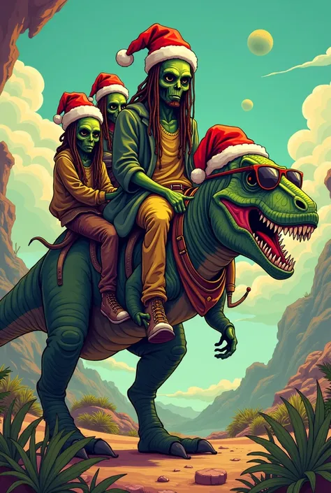 Brand that says Rompope the Rastafarians in an alien background wearing a Christmas hat and mounted on a t-rex with sunglasses and Christmas hat 