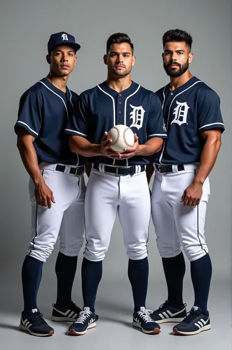 Three Handsome Samoa Guys, Athlete Baseball Player, Photoshoot, at grey studio, holding a Baseball, background, ultra hd, detailed face, detailed skin, detailed hair, highly detailed, wear navy and white official Uniform, Standing Full Body