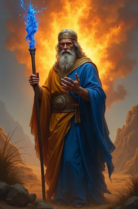 I want you to make Moses with the sapphire blue staff and the burning bush Moses who wears the clothing of the Levites of his time 