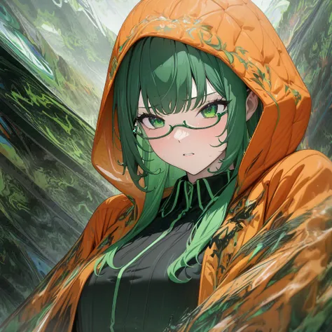 select and generate best screen effect,((1girl,long-deepgreen-hair,green-eyes,orange-hooded-jacket,under-rim-eyewear)),
Obsession
,(irritability,masterpiece,best quality,very aesthetic,absurdres,detailed background,newest, perfect anatomy:1.2),