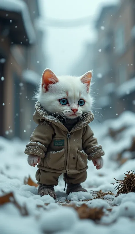  One day with heavy snow ，Over and over again ， create an image of a white kitten  ,  sad and expressive eyes  ,  Like a beggar ,  The same unclothed  ,    old clothes looking for trash in the trash , On snowy days， Super Realistic ，Professional Photograph...