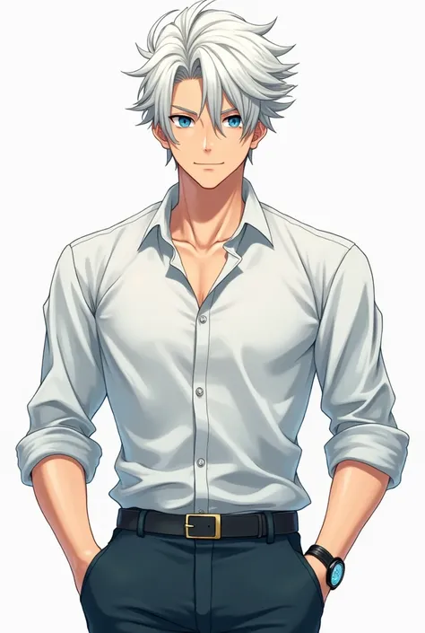 Anime, boy, handsome, tall, wearing a shirt and trousers, have a broad chest, have a slighty white hair, have blue eyes, Wearing a watch