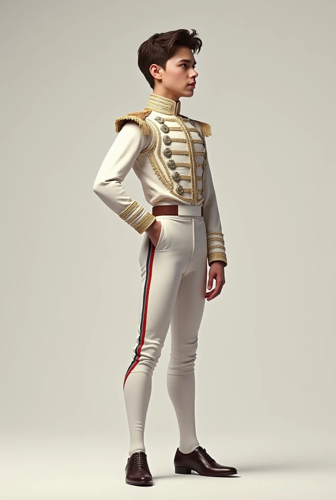 A 17-year-old boy standing , backwards,  uniform with both legs together and feet together looking to the right slightly to the right, without cape, bullfighter dress with white uniform bullfighter dress