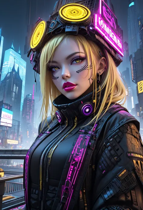 1girl, cyber shaman, blonde hair, bracelet, cityscape, clock tower, neon cyberpunk, cybeware, lips, looking at viewer, realistic, road sign, skyline, skyscraper, solo, stadium, tokyo (city)