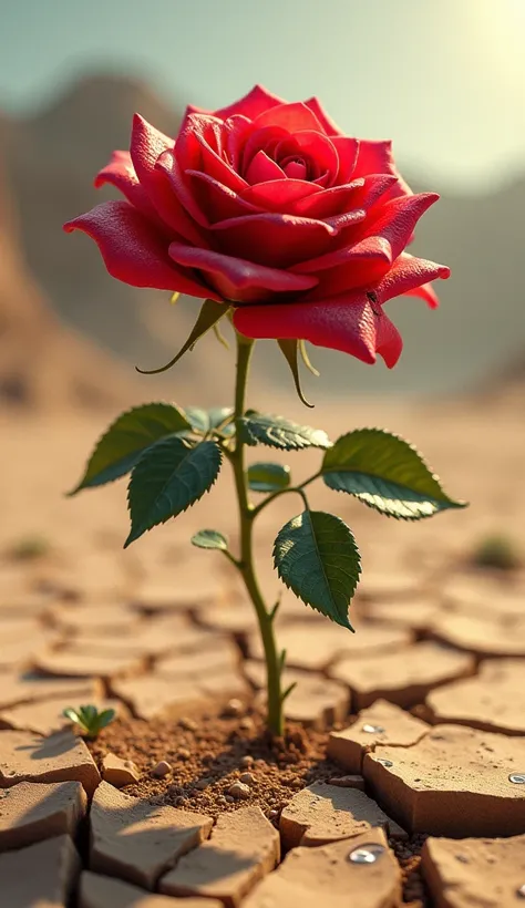 "A single rose growing in a dry, cracked desert, symbolizing beauty and hope in the face of despair."