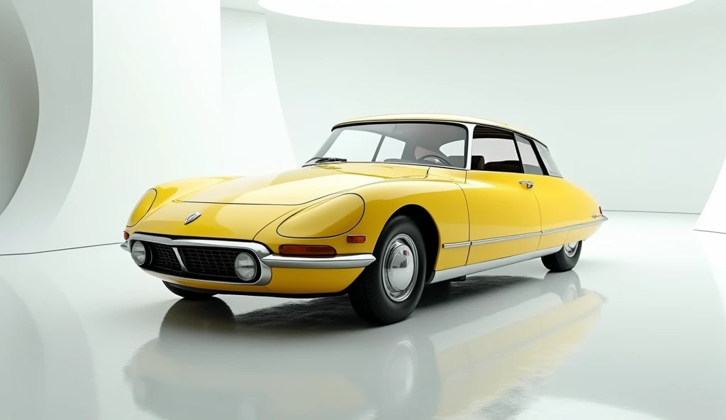 A captivating and futuristic image of the 1972 Citroen DS21 Coupe taking center stage in a luxurious white showroom. The cars vibrant Yellow Metallic paint highlights its sleek and aerodynamic design, with bold accents showcasing the cutting-edge innovatio...