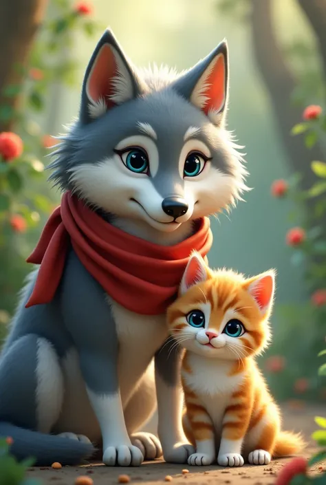 A kitten with aquamarine eyes, soft and cuddly, with white and ginger fur, stands next to a large gray wolf wearing a red scarf. 