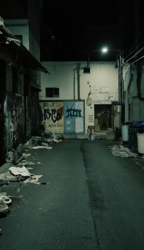 "A dimly lit urban street scene showcasing a progression from minor disorder to major issues. In the foreground, a small broken window on an abandoned building symbolizes neglect. Nearby, graffiti and scattered litter begin to accumulate. Further down the ...