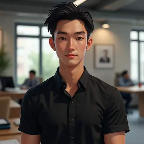  A young Vietnamese man, about 20 years old,  has beautiful eyes ,  High nose bridge , Neat short hair,  wearing a black short-sleeved shirt, standing in the office  