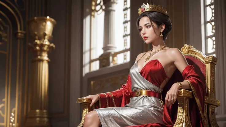 Petite Mature Girl, Tanned Skin, Silver Short Undercut, Silver Eyes, A Queen, Gold Crown, Gold Cross Necklace, Red Lips, Red loose Dress, Sitting on Golden Throne, Looking Menacingly, looking down on Subject offering Flowers to the queen,(Wide shot)