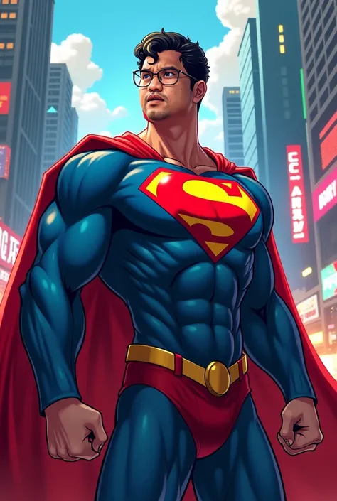 An asia superman with classic superman suit, wearing glasses, very short curly hair