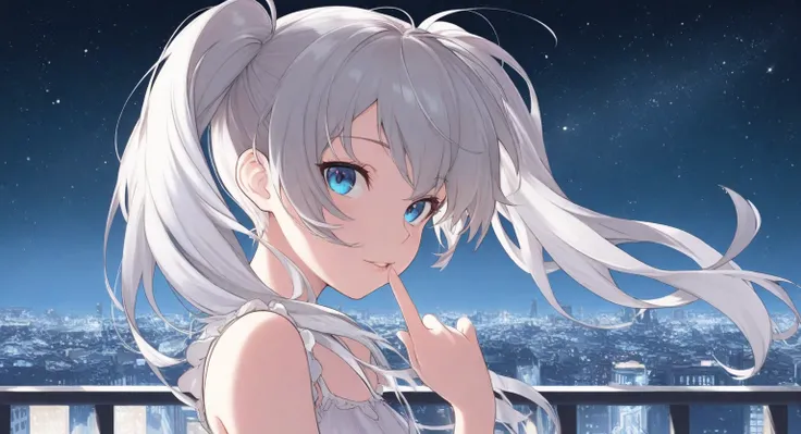 close up character, 1 girl , masterpiece,  outdoor,  upper body, from side, night cityscape, blue eyes,  Twin Tails ,  Silver Hair,,  watching viewers, Finger to lips,  starry sky , wind,  dress,