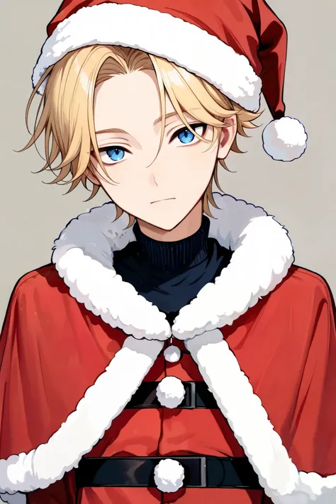 1boy, solo,bishounen,skinny, short hair, looking at viewer, forehead, simple background,blue eyes, upper body, blonde hair, fur trim, red headwear, christmas, santa hat, santa costume, red capelet, fur-trimmed capelet, fur-trimmed headwear,