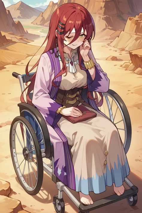 grimm grimoire, grimm grimoire from Sentouin, Hakenshimasu! , cm height cleavage, sexy body, perfect tits, hourglass figure, blush, woman with long red hair sitting on a wheelchair, she is wearing a purple dress with a high neckline and long sleeves the dr...