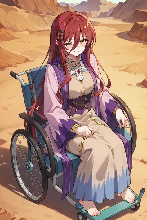 grimm grimoire, grimm grimoire from Sentouin, Hakenshimasu! , cm height cleavage, sexy body, perfect tits, hourglass figure, blush, woman with long red hair sitting on a wheelchair, she is wearing a purple dress with a high neckline and long sleeves the dr...