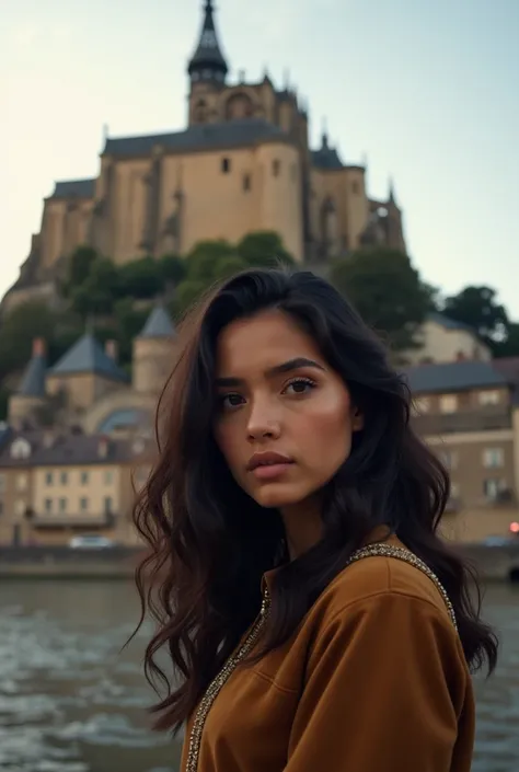 Ultra-realistic remote photography, highly detail-oriented, super sharp , Without mistakes or flaws of a 30-year-old Latin woman near Saint Michel Abbey.