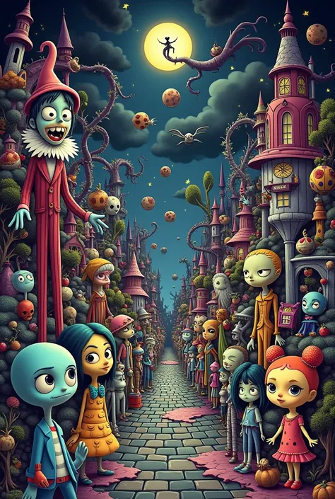 Generate a multiverse with the original Tim Burton characters, generate cartoon image  