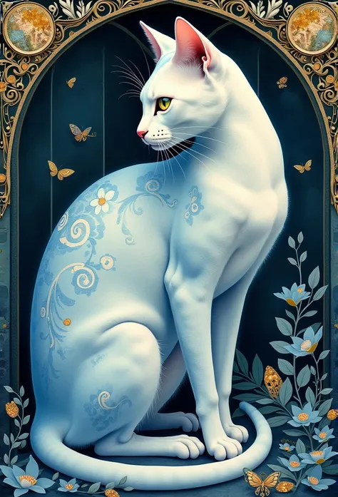   Highly Detailed Watercolor  ，cat, In the style of Alphonse Mucha and Gustave Klimt, Art Nouveau accents,  detailed cover artwork ,  Alphonse Mucha,  Gustav Klimt ,  blue-white skin, Marble sculpture, CGSesociety, Gothic art, Art Nouveau, behance contest ...