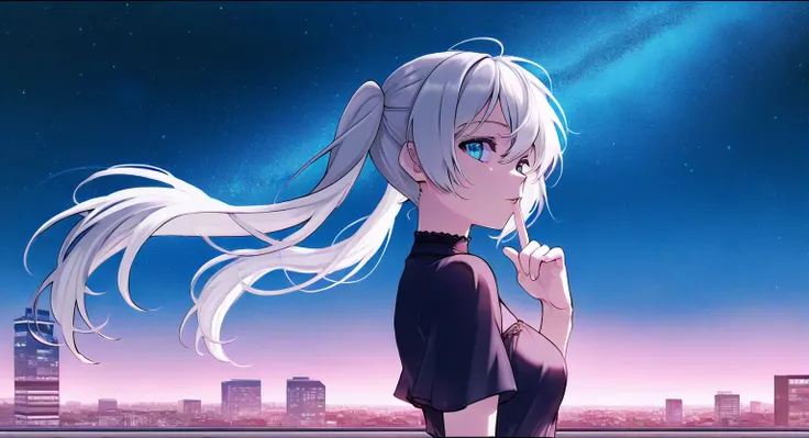  1 girl , masterpiece,  outdoor,  upper body, from side, night cityscape, blue eyes,  Twin Tails ,  Silver Hair,,  watching viewers, Finger to lips,  starry sky , wind,  dress, vivid color ,