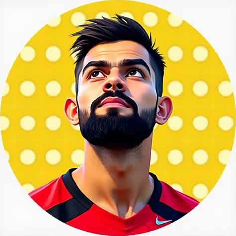 A stylized digital portrait of virat kohli  with a well-groomed beard and short hair, looking thoughtfully upwards. He is dressed in a red and black sports shirt. The background features a bright yellow color with white polka dots, lending a vibrant, energ...