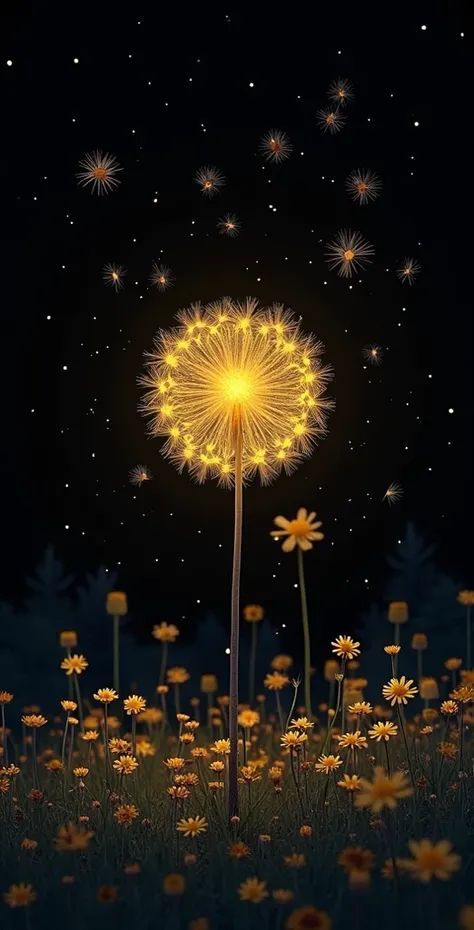 A large, stylized dandelion, composed of many small, glowing, golden-yellow flower-like elements, is centrally positioned against a deep black night sky.  The dandelion appears to be radiating light, with numerous glowing, small specks scattered around it....