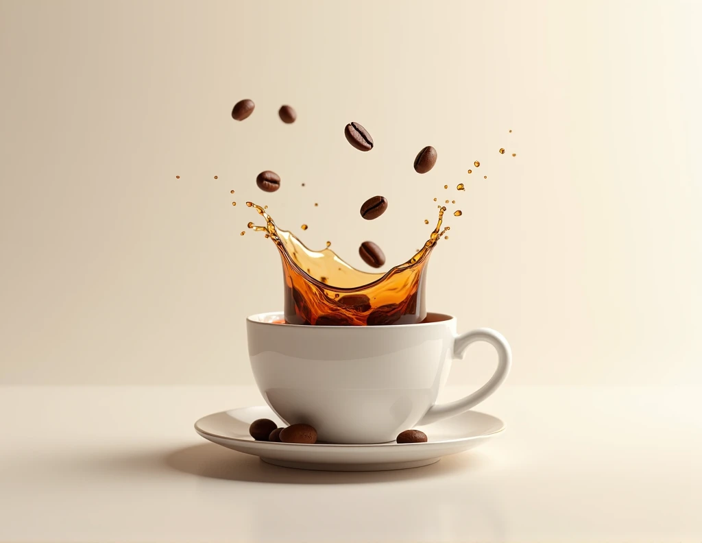 " A hyperrealistic image of an elegant and minimalist cup with a splash of liquid coming out.  The splash takes the subtle forms of coffee beans integrated into the movement of the liquid , with precise details and natural textures.  The scene should conve...