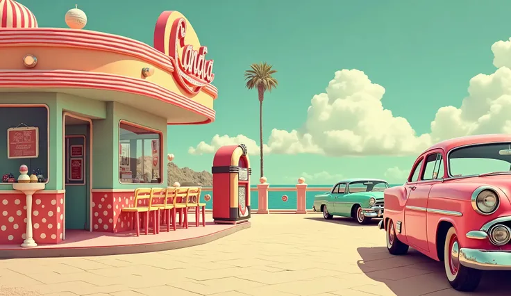 Design a charming, retro-inspired scene that radiates Candy Sweet Nostalgia. Incorporate pastel tones like baby pinks, mint greens, soft yellows, and sky blues to evoke a whimsical, vintage Americana feel. Showcase iconic elements such as classic diners, r...