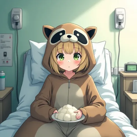  1 girl , small breasts,Light green eyes, bob hair,Dark blonde,Hospital room, bets before live, Oversized Kigurumi Pajamas,Raccoon Kigurumi Pajamas ,Looks sleepy,Im going to eat rice balls