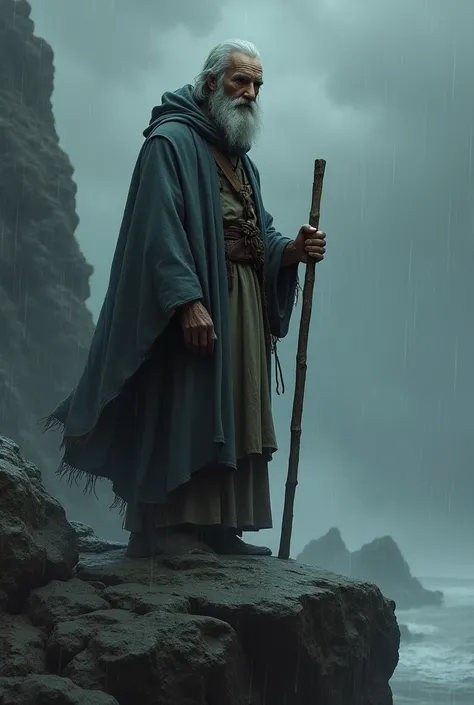 Wise man in a hoodie on a rock in rainy weather with a stick in his hand looking at the spectator 