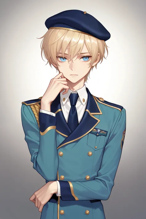 solo,bishounen,skinny, short, blonde hair, long sleeves, 1 boy,blue eyes, upper body, male focus, uniform, beret,necktie,