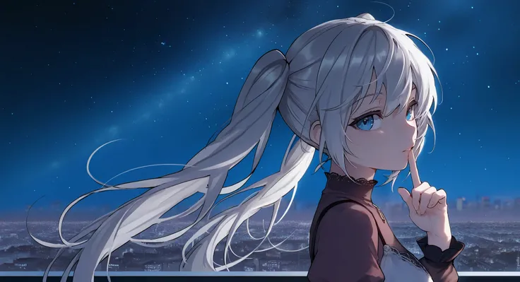 close up character, 1 girl , masterpiece,  outdoor,  upper body, from side, night cityscape, blue eyes,  Twin Tails ,  Silver Hair,,  watching viewers, Finger to lips,  starry sky , wind,  dress,