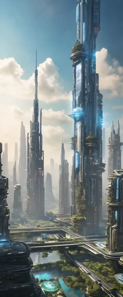  futuristic city and giant tower in high-definition images ， detailed images、 highly detailed matte painting 、 rock planet 、Intricate film 、 massive ultra-detailed matte painting of robots、Complex Environment、 Amazing（ sci-fi concept art  、 CGSociety )