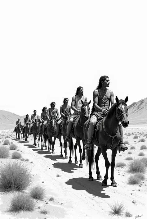 black and white drawing of a group of indigenous teenage men on young horses in a line looking out in a vast dirt land with some hills in the background. Whole Background