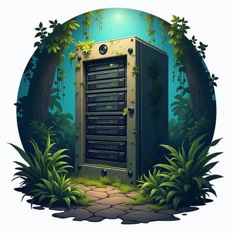 Make a logo showing the servers of an off gamer and I want to emphasize the server as if it were off; I want a gamer background as if the server were in a jungle and destroyed 