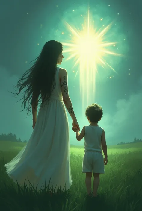 just an arm tattooed with ,  a woman with long hair and a young boy holding hands walking on the grass going to a bright light 