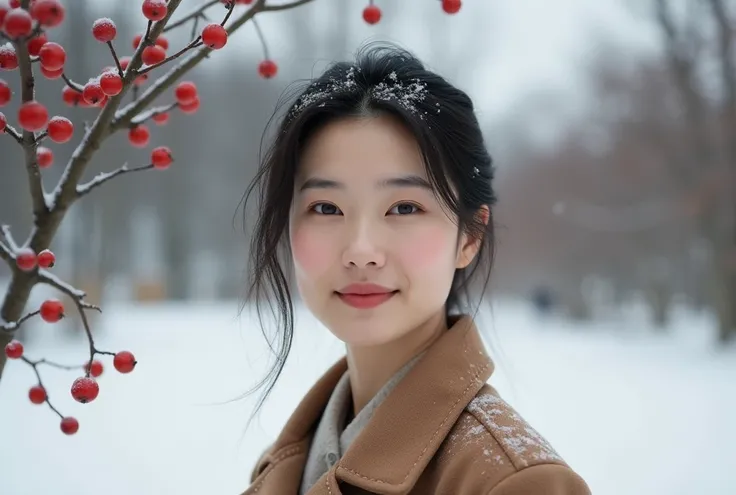  Beautiful Korean woman in her 40s ,  wearing a light brown coat ,  winter landscape with trees in the background ,  mountain ash tree with red berries (About 5 mm in diameter ) --ar 4:3 --style raw --v 6.1 --stylize 200 --personalize qmglm4e 